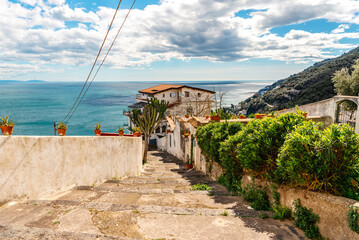 The Amalfi coast of Italy. View of the old house on the background of the sea