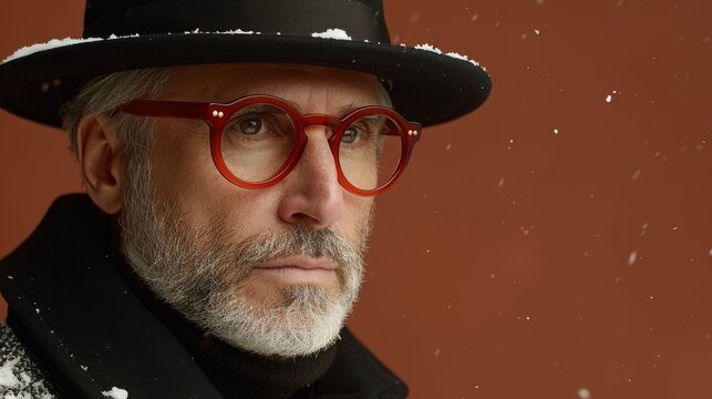 Mature man in a black coat and red glasses with snow