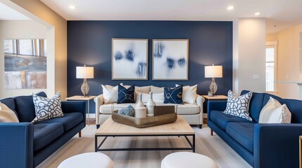 Cream walls with navy blue accent wall and navy blue sofa with cream throw pillows.