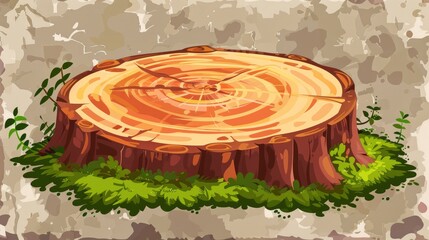 Wooden Podium Slice On Green Moss, Cartoon Background