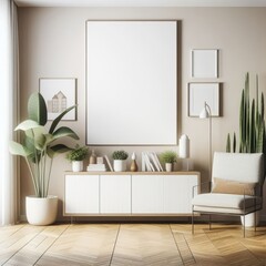 A Room with a template mockup poster empty white and with a chair and a cabinet with plants art harmony used for printing card design.