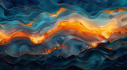Abstract digital artwork depicting waves in shades of blue and orange, with sparkling gold accents.