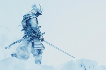 Lone Samurai in a Snowy Landscape with Sword and Lantern