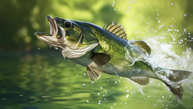 A large fish is leaping out of the water, with its mouth open. Concept of excitement and action, as the fish is in the midst of a thrilling moment