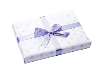 a white gift box with a purple ribbon