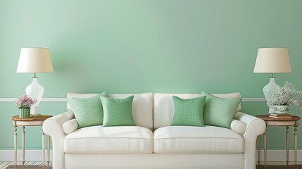 Ivory walls with mint green accent wall and mint green throw pillows on an ivory sofa.