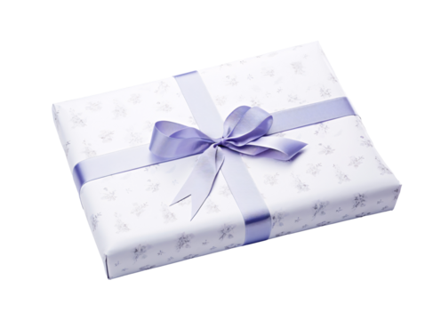 a white gift box with a purple ribbon
