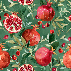 Seamless pattern of watercolor pomegranates with lush leaves on a green background