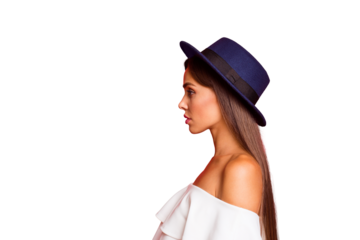 Profile side view portrait of confident content nice attractive lovely lovable lady wearing white off-the-shoulders ruffles top blouse isolated over red pastel background