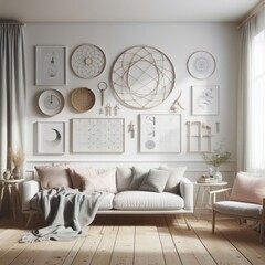 A Room with a template mockup poster empty white and with a couch and pictures on the wall image realistic photo harmony.