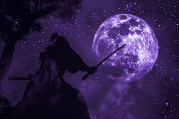 Majestic Samurai Silhouette Against Full Moon in Purple Night Sky