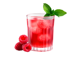 a glass of red drink with raspberries and mint leaves