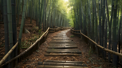 A narrow path winding through a dense bamboo forest.