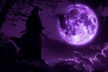 Samurai Contemplating Under a Giant Moon in a Purple Sky