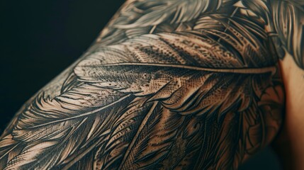 Detailed close-up of a feather tattoo collection, each symbolizing different freedoms, inked on a well-lit arm, clear isolated background to enhance details