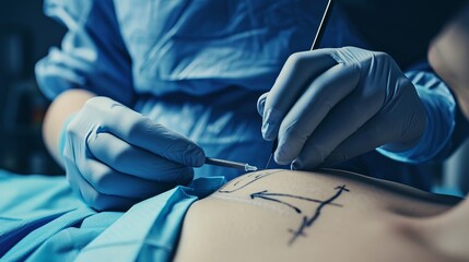 Surgeon drawing dotted lines and marks for abdominal plastic surgery in a lab coat performing a beauty treatment