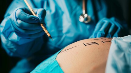 Surgeon drawing dotted lines and marks for abdominal plastic surgery in a lab coat performing a beauty treatment - Powered by Adobe