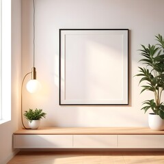 Aesthetic frame mockup poster template on the white wall in the living room with plants, 3d render