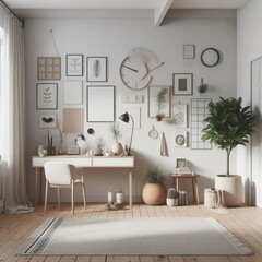 A Room with a template mockup poster empty white and with a desk and a chair and a plant art realistic photo.