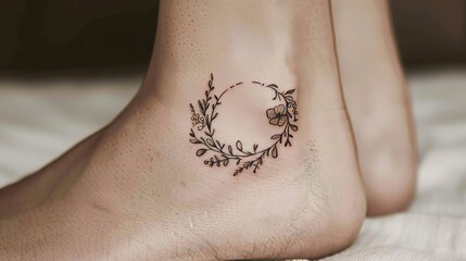 Delicate ankle tattoo with a floral wreath design, combining elements of nature and life, highlighted against a simple background for clarity