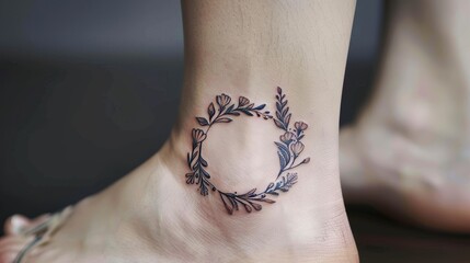 Delicate ankle tattoo with a floral wreath design, combining elements of nature and life, highlighted against a simple background for clarity