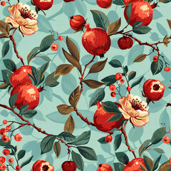 Seamless pattern of pomegranates and flowers on a teal background