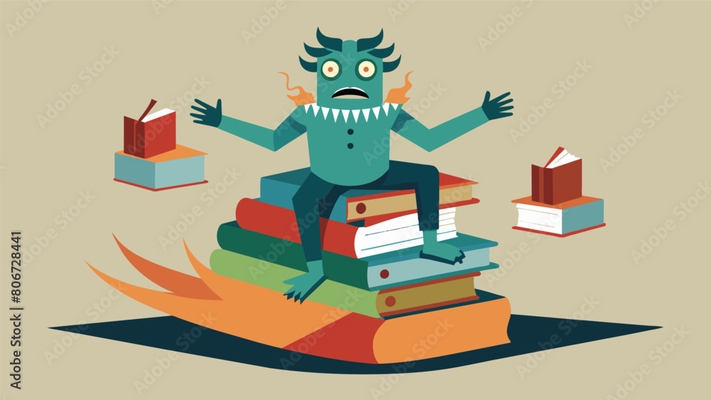 Poster a float with a grotesque figure made of books each one containing twisted facts and biased perspecti