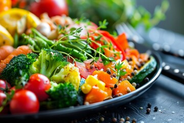 Assorted fresh vegetables on a black plate
