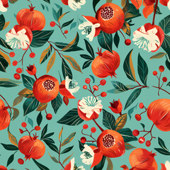 Seamless pattern featuring blooming flowers and lush foliage on turquoise background
