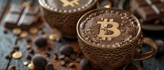 A luxurious closeup of a hot chocolate cup, with a Bitcoin coin dipped in, exuding a golden and vibrant aura