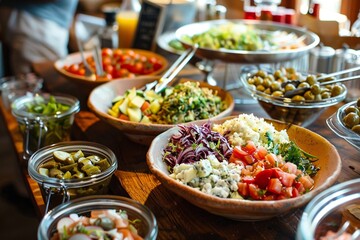 Assorted salads and appetizers on a buffet table
