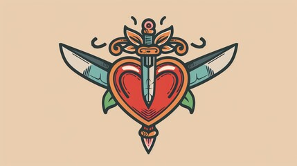 Close view of a classic American tattoo art, featuring a heart and dagger, characterized by thick outlines and flat color fill, on a clean background