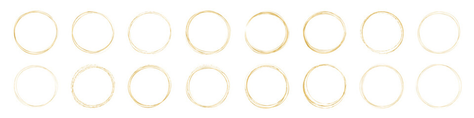 Golden round frames of various shapes. Thin shiny circle brush. Design template. Vector illustration