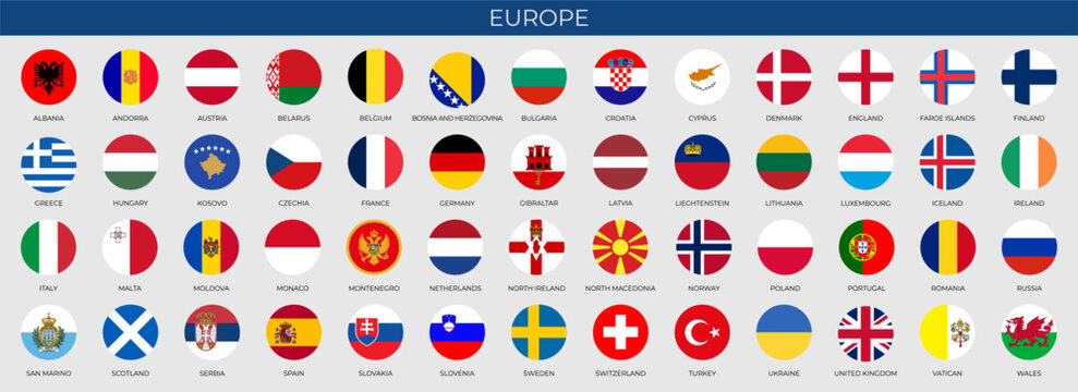 Set of round flags of European countries in alphabetical order. Vector illustration