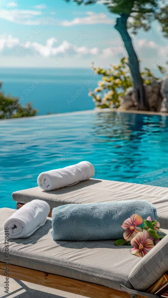 Poster a poolside lounge chair with two white towels and a bouquet of flowers on it. the scene is relaxing 
