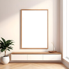 Picture frame mockup poster template on the white wall in the living room with plants, 3d render