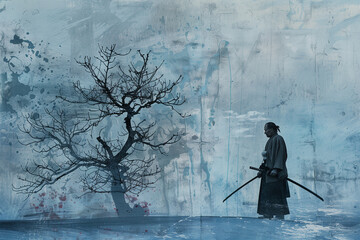 Samurai Contemplating Next to a Bare Tree in a Frosty Landscape