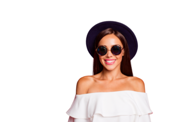 Portrait of nice cheerful girlish graceful charming attractive tender sweet lovely straight-haired lady wearing white off-the-shoulders top isolated over pastel red background