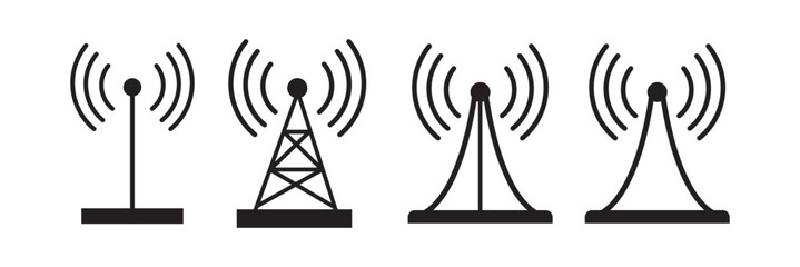 Antenna icon set. Radio antenna icon. Communication towers collection. Radio tower icons. Transmitter receiver wireless signal icons. Vector EPS 10