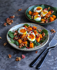 Fresh spinach salad with soft-boiled eggs and butternut squash