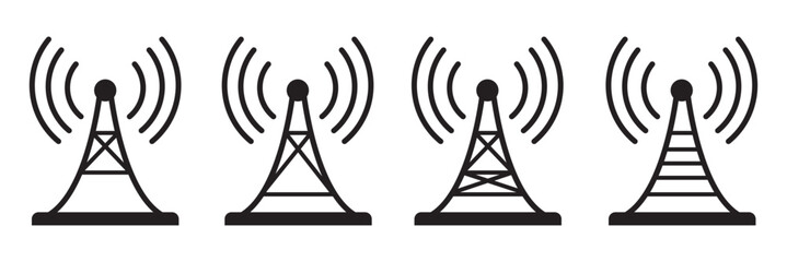 Antenna icon set. Radio antenna icon. Communication towers collection. Radio tower icons. Transmitter receiver wireless signal icons. Vector EPS 10