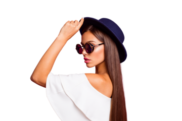 Close-up profile side view portrait of exquisite charming attractive tender sweet lovely straight-haired lady in white off-the-shoulders top touching hat look isolated over red background