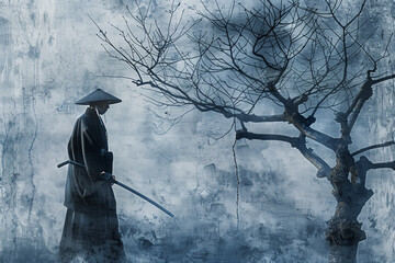 Silhouetted Samurai Against Winter Background with a Bare Tree