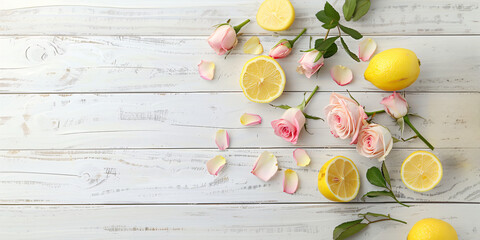 Fresh lemons and pink roses on rustic white background