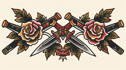 Close-up shot of traditional tattoo elements, featuring classic daggers and old-school roses in solid bold colors, isolated on a plain background