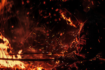 Samurai Standing Vigilantly Next to a Roaring Campfire at Dusk