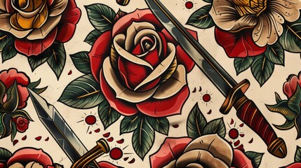 Close-up shot of traditional tattoo elements, featuring classic daggers and old-school roses in solid bold colors, isolated on a plain background