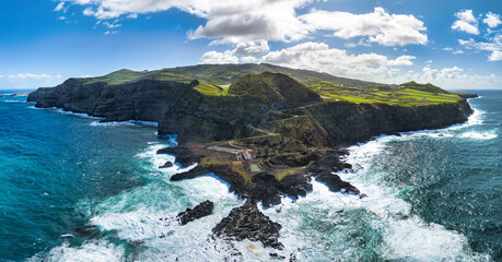 Drone view of Ponta da Ferraria, Sao Miguel, Azores, Natural volcanic hot pool in the Atlantic...