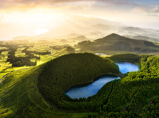 Sunrise landscape with Vulcanic Lake, mountain and sun, Sao Miguel Island, Azores, Portugal