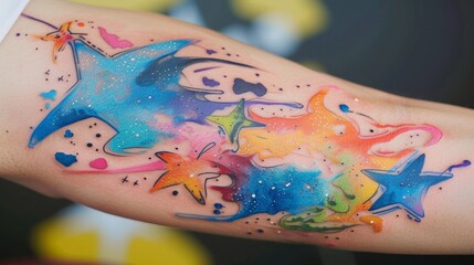 Close-up on a watercolor tattoo with bold splashes of color and artistic brushstrokes, featuring abstract or landscape designs, meaningful personal art